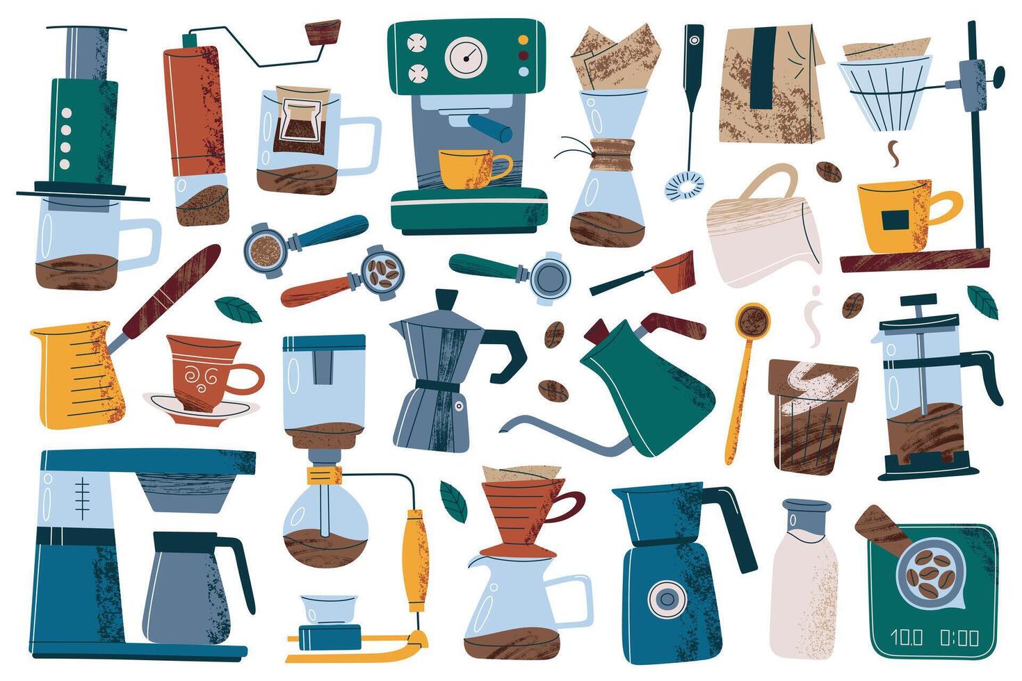 Trendy flat coffee equipment collection for home brewing and cafe. Espresso machine, pour over set, filter drip coffee and french press illustrations. Textured icon set for stickers and design vector