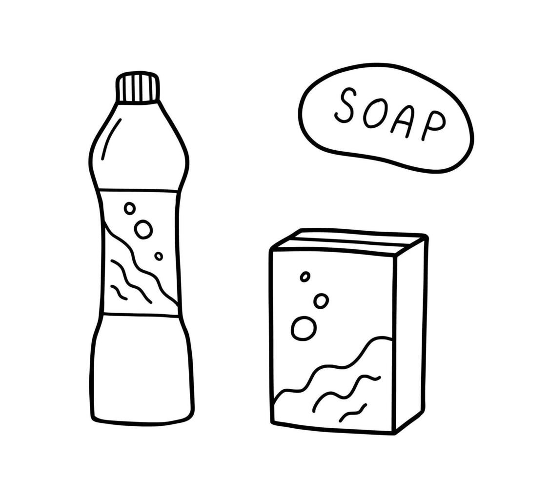 Soap and washing powder hand drawn sketch in doodle style. Line art isolated illustration. vector