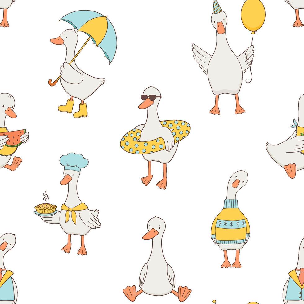 Seamless pattern with cute goose on white, baby animal, illustration, hand drawn repeating backdrop for kids vector