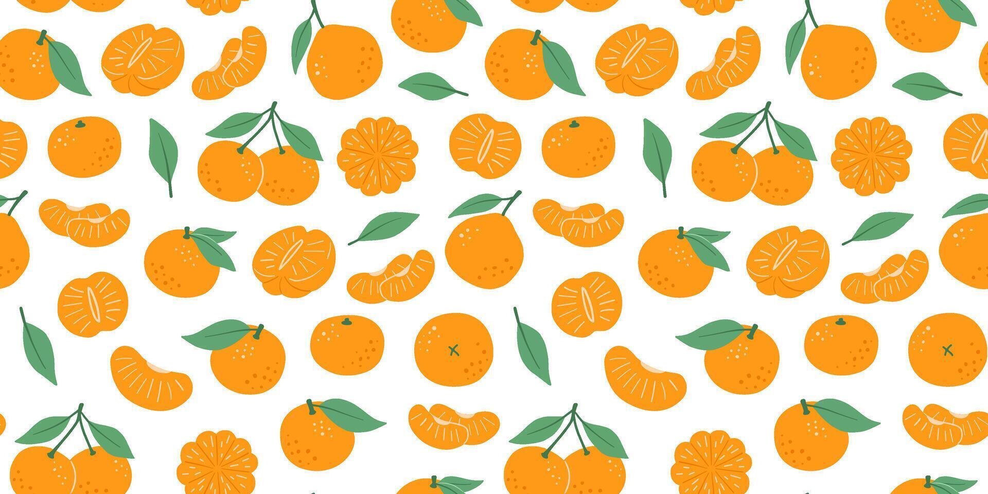 Seamless pattern with tangerine fruits and leaves. isolated illustrations of flat citrus on white. vector