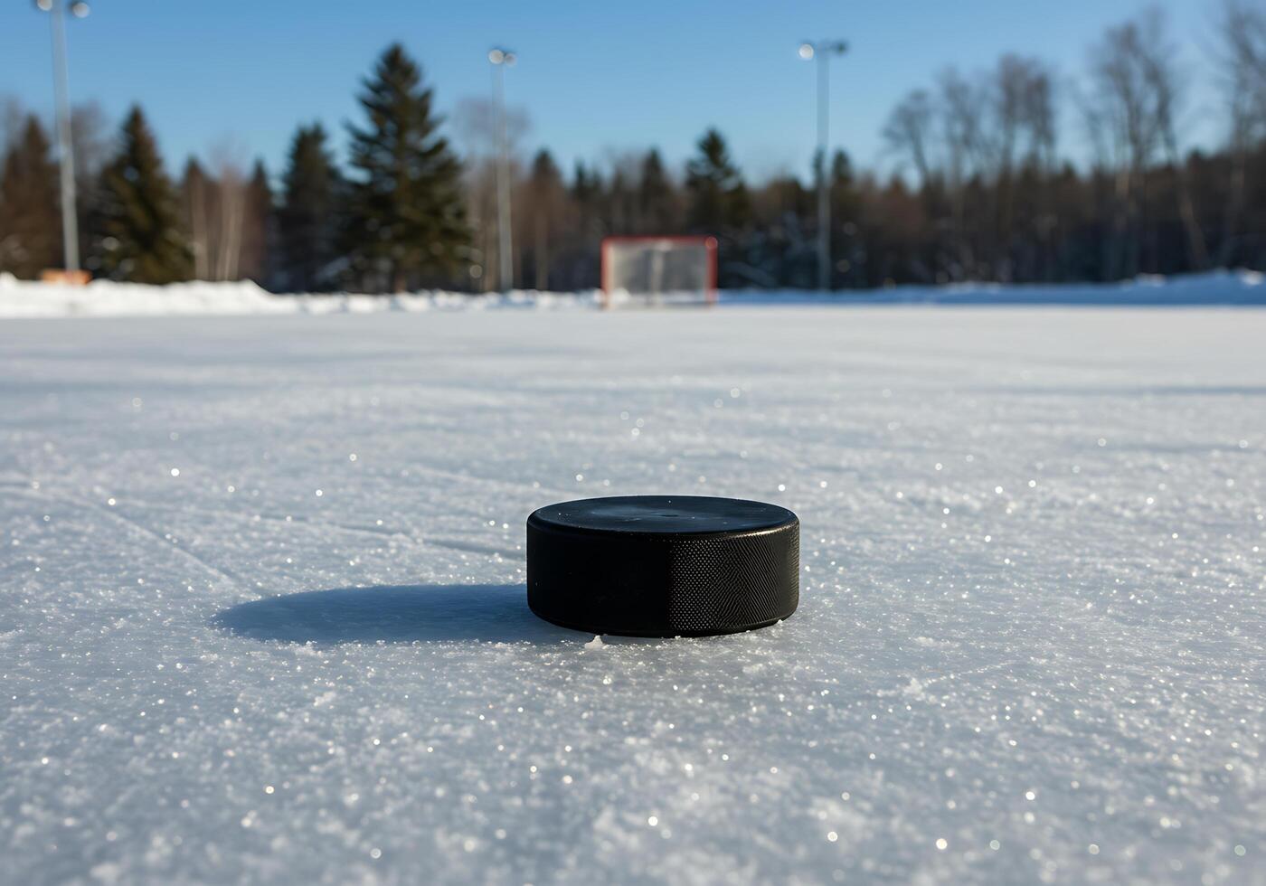 An ice hockey puck sits on top of a frozen surface photo