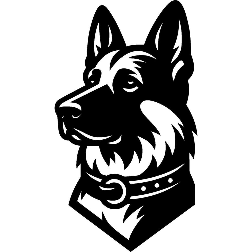 Tattoo of serious German shepherd head in monochrome. German shepherd dog border defender portrait side view. Engraving minimalistic image in black ink drawing on white background vector
