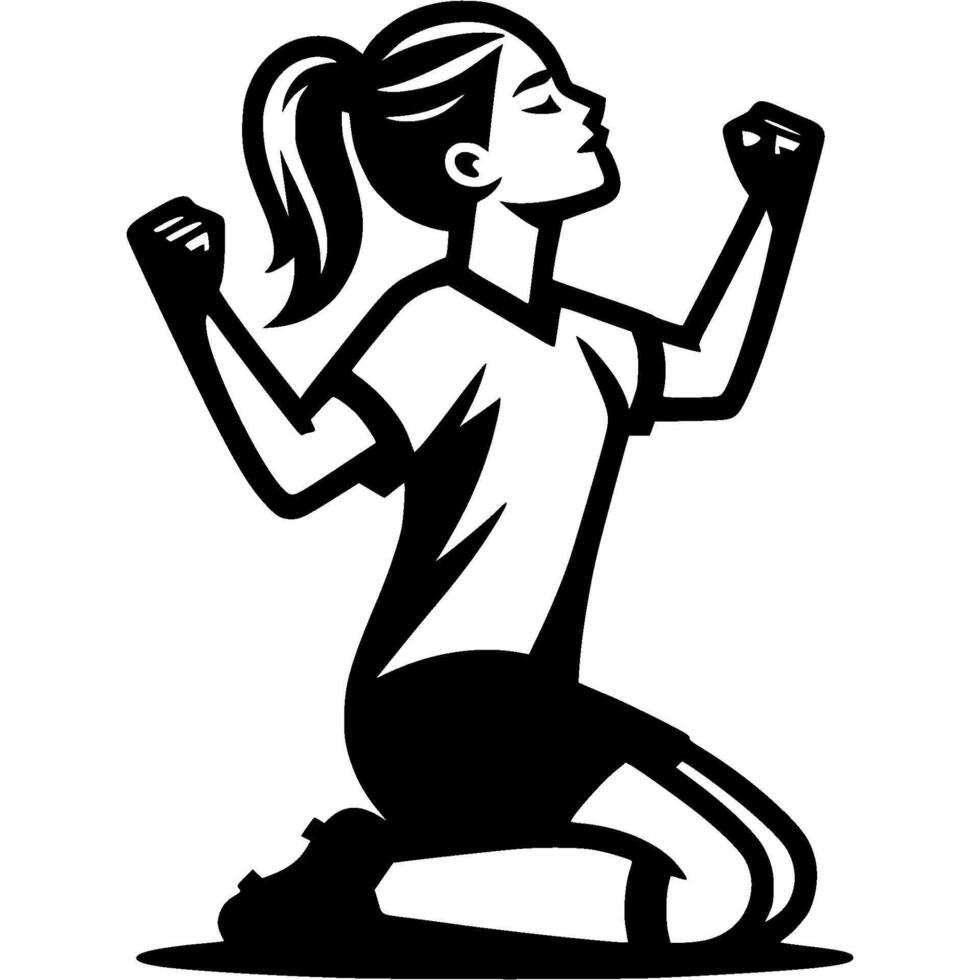 Sport emblem of soccer girl rejoices at a goal she scored, kneels down and raises her hands up in monochrome. Engraving minimalistic image in black ink drawing on white background vector