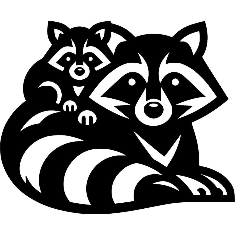 Mother raccoon is lying down resting and small baby raccoon has climbed onto her back and is playing in monochrome. Engraving minimalistic image in black ink drawing on white background vector