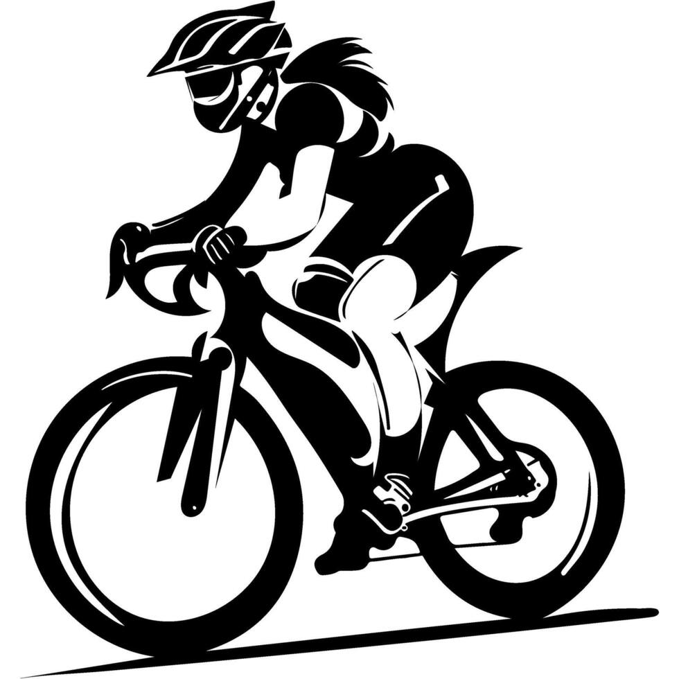 Sketchy sport emblem of girl athlete races on a professional bike in a straight line in monochrome. Engraving minimalistic image in black ink drawing on white background vector