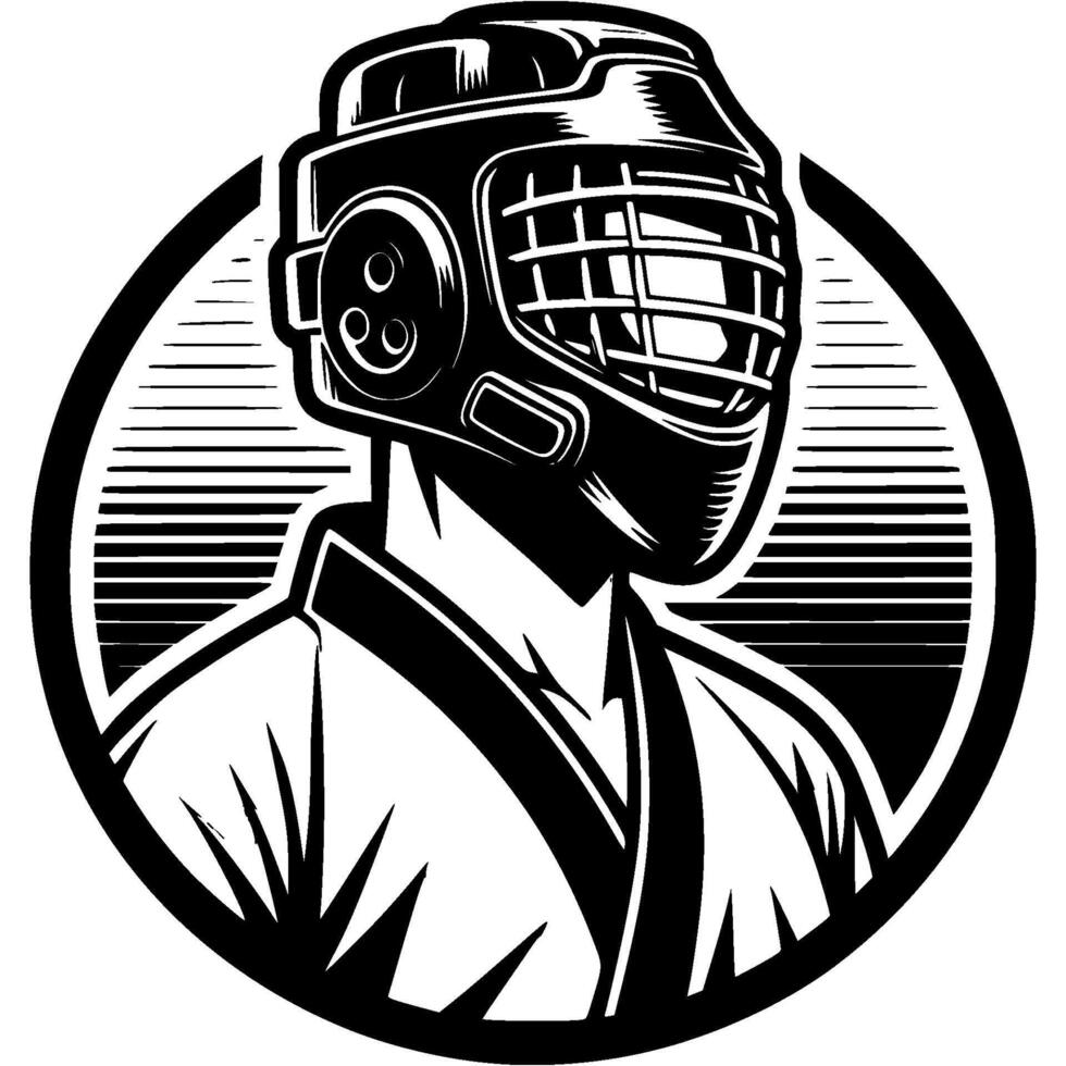 Sport emblem of portrait of a taekwondo fighter wearing a protective helmet in monochrome. Engraving minimalistic image in black ink drawing on white background vector