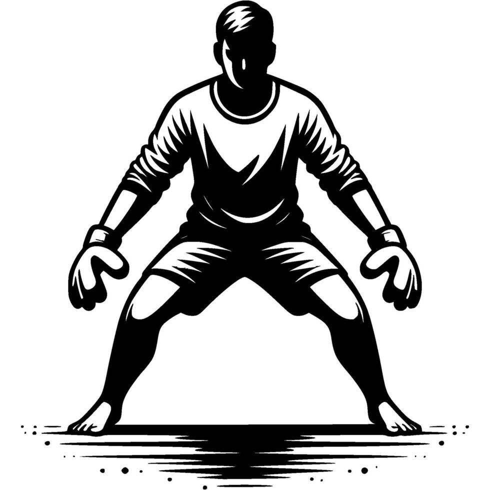 Tattoo emblem of goalkeeper beach soccer team player standing in concentrated tense pose waiting for ball in monochrome. Engraving minimalistic image in black ink drawing on white background vector