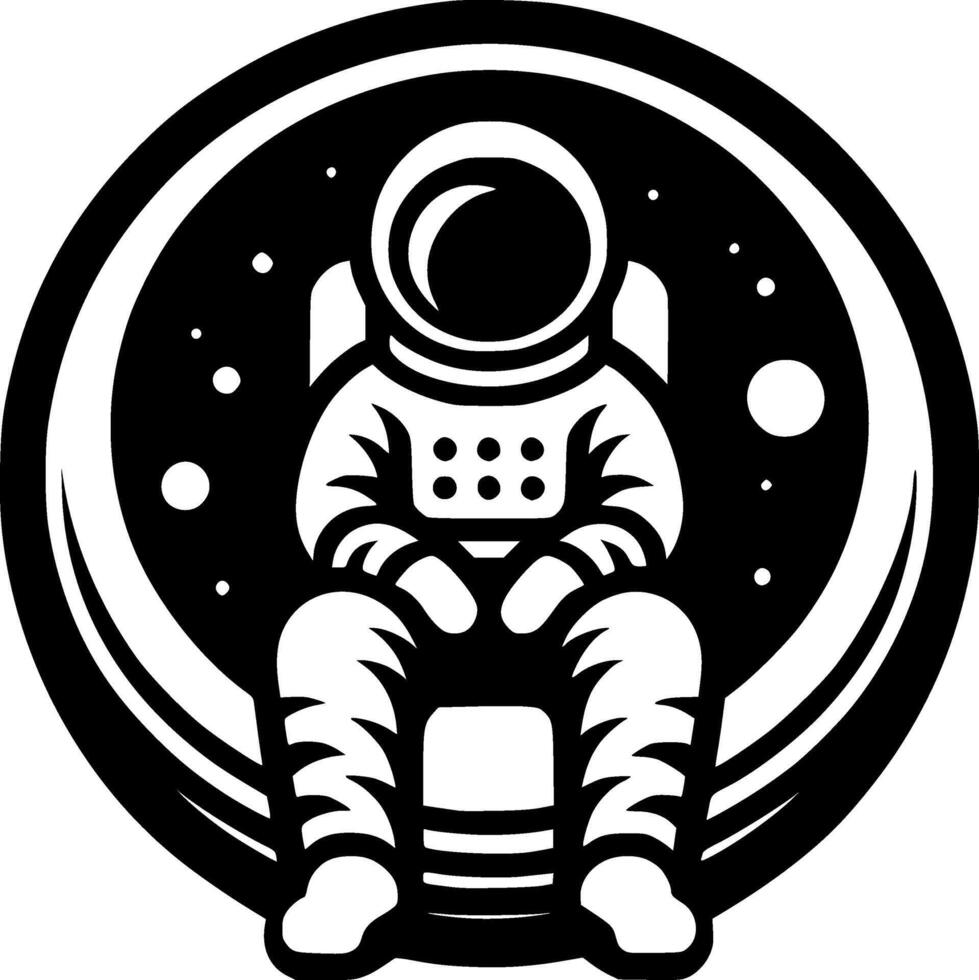 Sketchy cosmic emblem of a tired astronaut rests after completing a difficult task in monochrome. Engraving minimalistic image in black ink drawing on white background vector