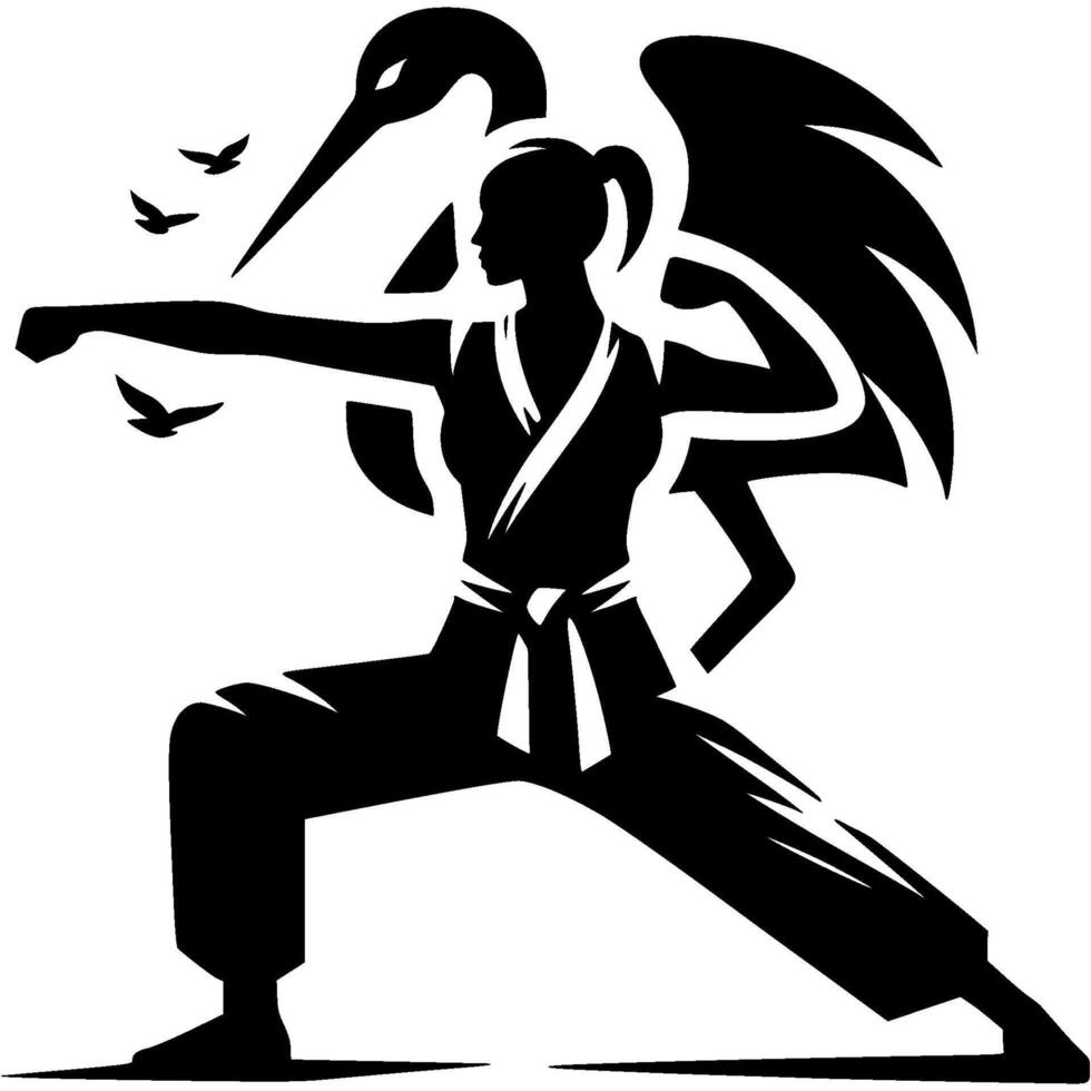 Sport silhouette of kung fu sportswoman representative of crane style school in monochrome. Engraving minimalistic image in black ink drawing on white background vector
