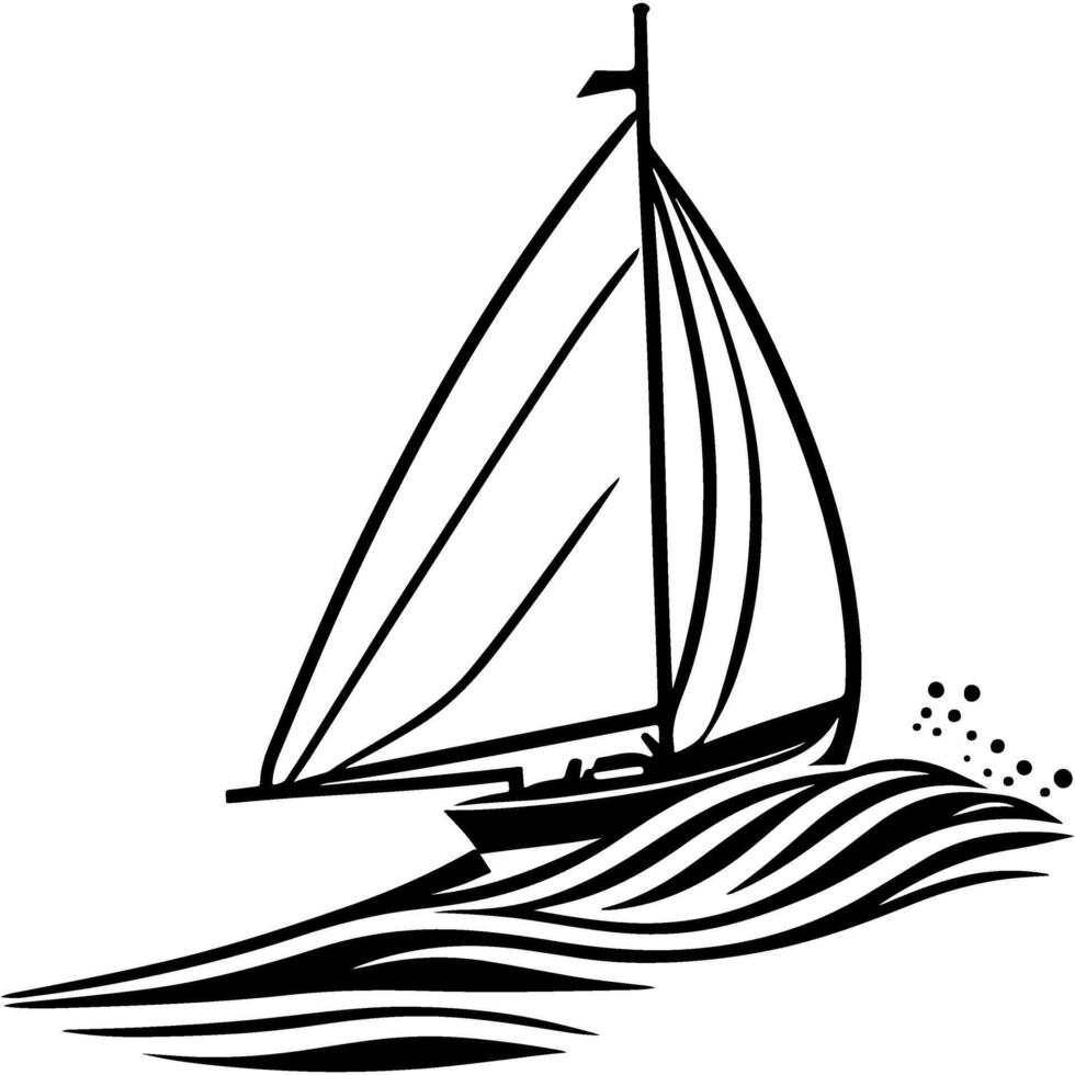 Sketchy engraving emblem of single seater sailing vessel sailing on rough waves in monochrome. Engraving minimalistic image in black ink drawing on white background vector