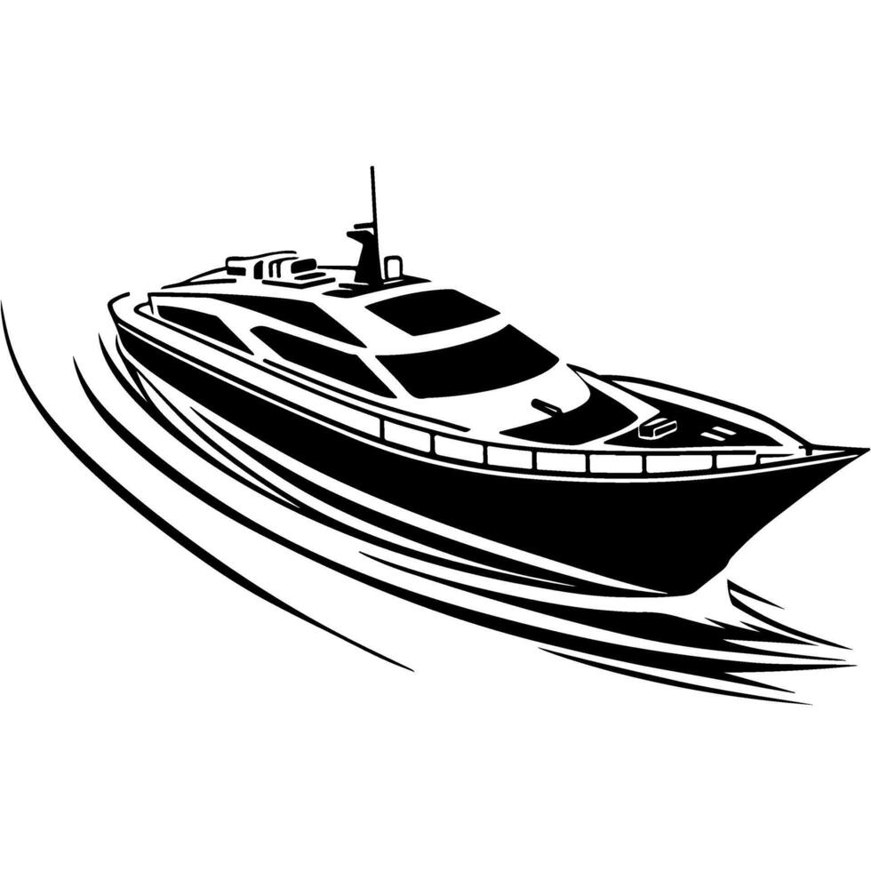 Sketchy engraving emblem of double deck pleasure yacht in monochrome. Engraving minimalistic image in black ink drawing on white background vector