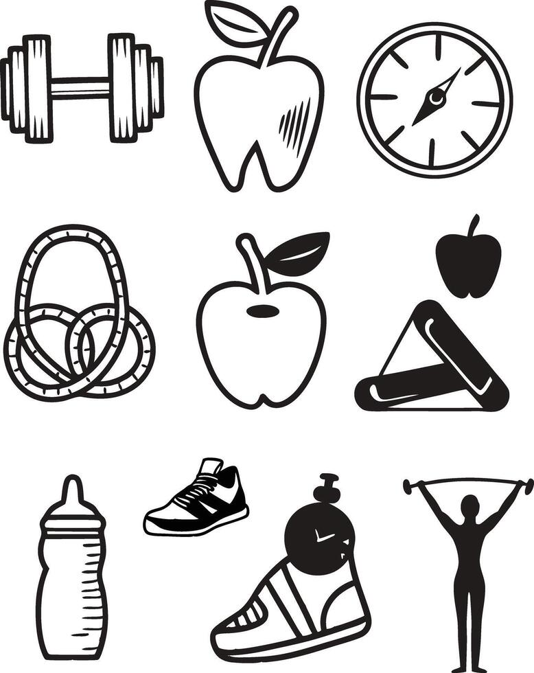Health And Fitness Icon Set Dumbbell, Apple, Stopwatch vector