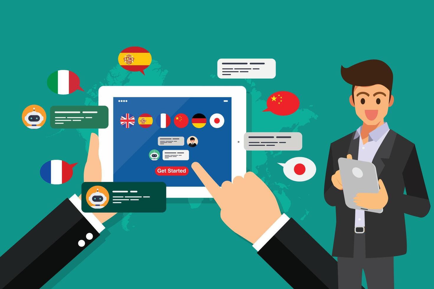 Businessman learning of different foreign languages through the tablet in the hand vector