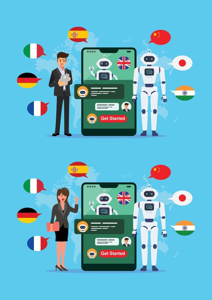 Businessman and woman learning different foreign languages with chat bot vector