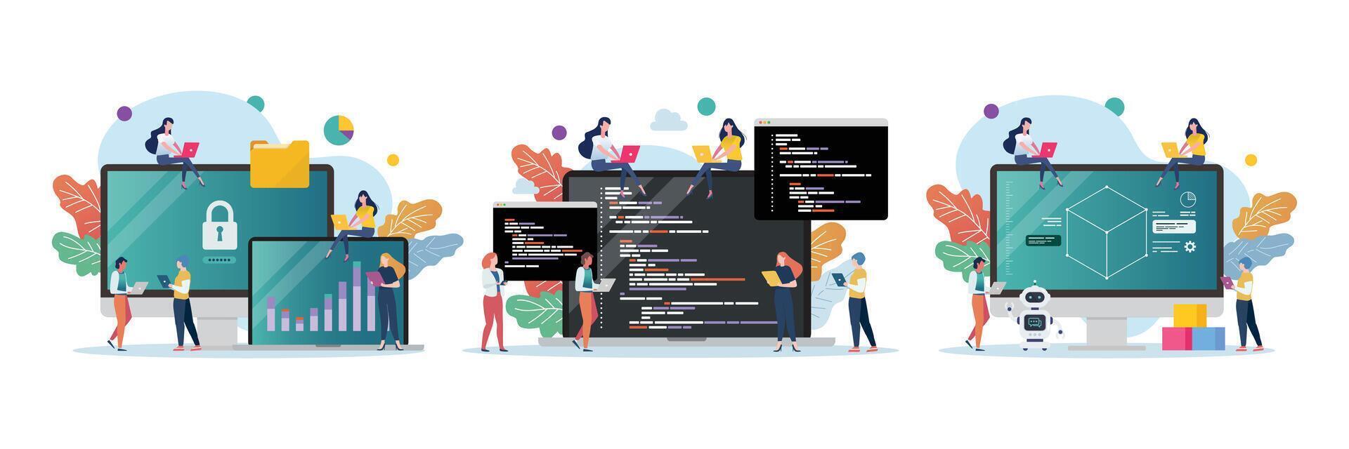Scene of computer modeling and programming class vector