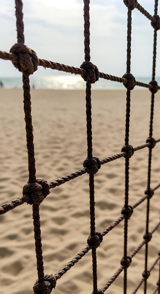 A rope fence on the beach with sand in the background photo