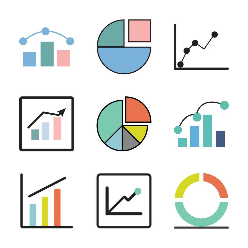 Colorful Data Visualization Icons Set, Bar, Line, and Pie Charts vector
