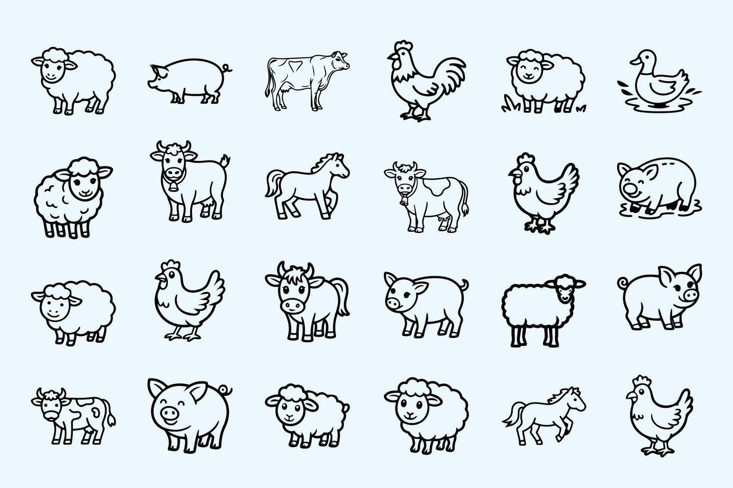 Cute Farm Animal Icons Set, Sheep, Cow, Pig, Chicken, Horse, Duck. Hand-Drawn Farm Animal Icons Collection, Cartoon Style Livestock Illustrations vector