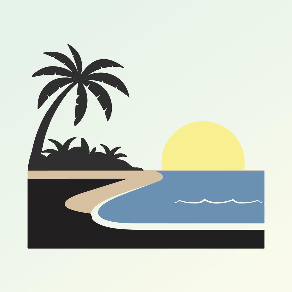 Tropical Beach Sunset with Palm Trees, Minimal Illustration vector