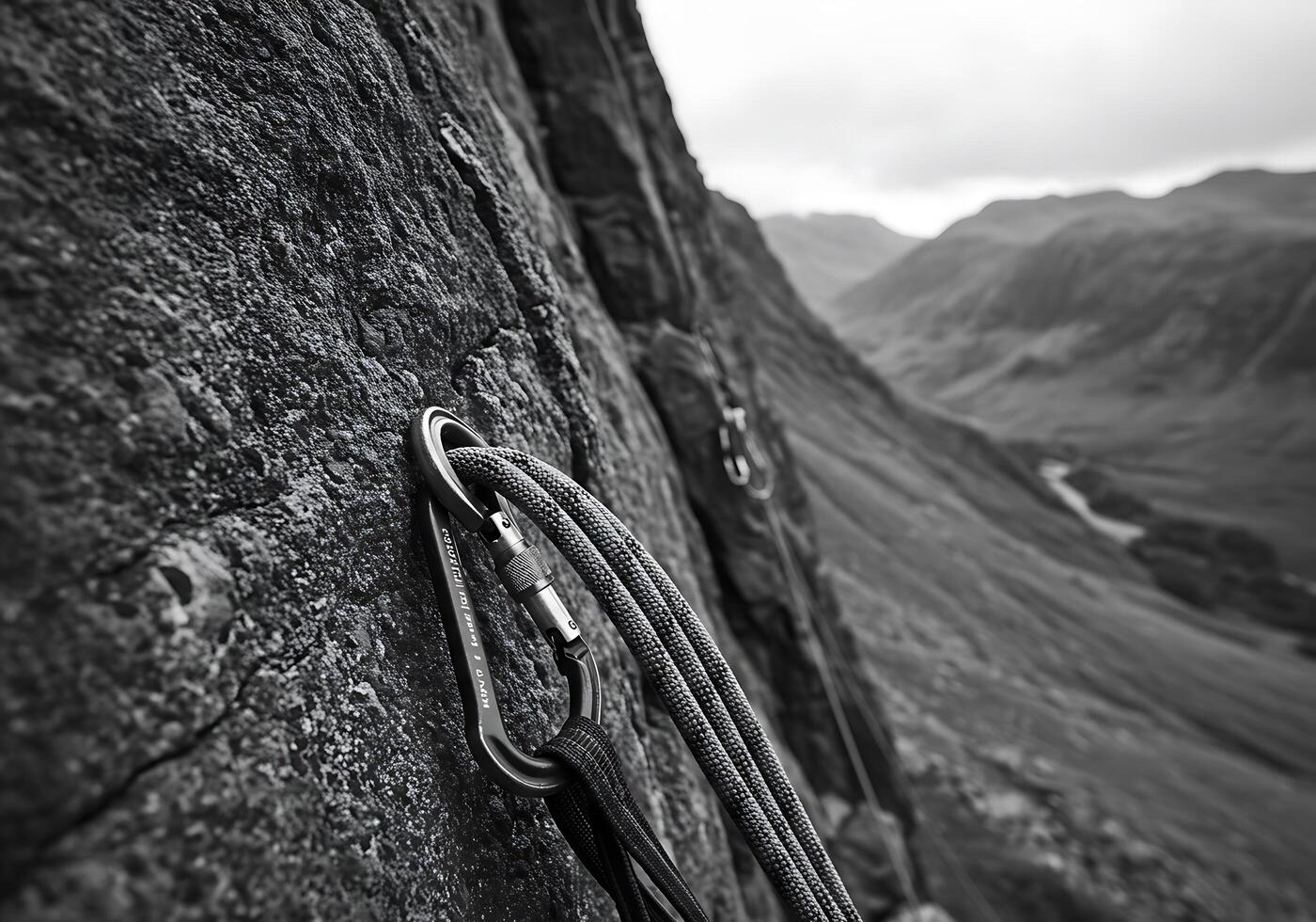 A black and white photo of a rope on a rock