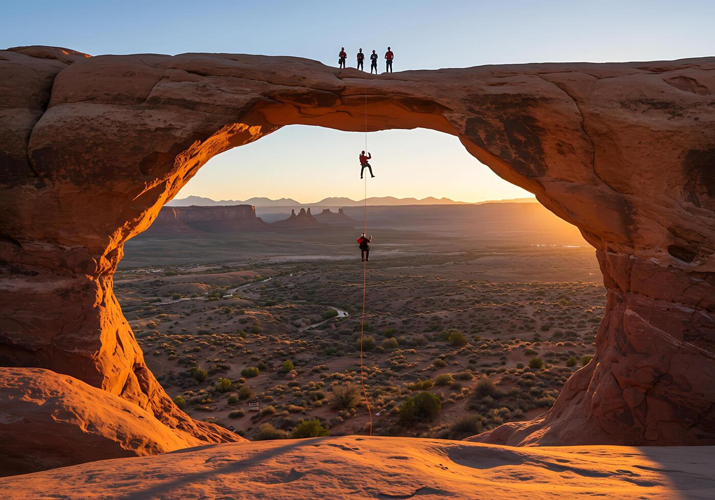 A group of people are standing on a rock photo