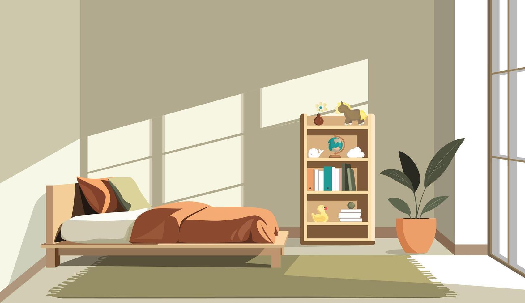 Illustration of a minimalist children's room interior with soft natural light. Flat design, muted colors, terracotta, olive. vector