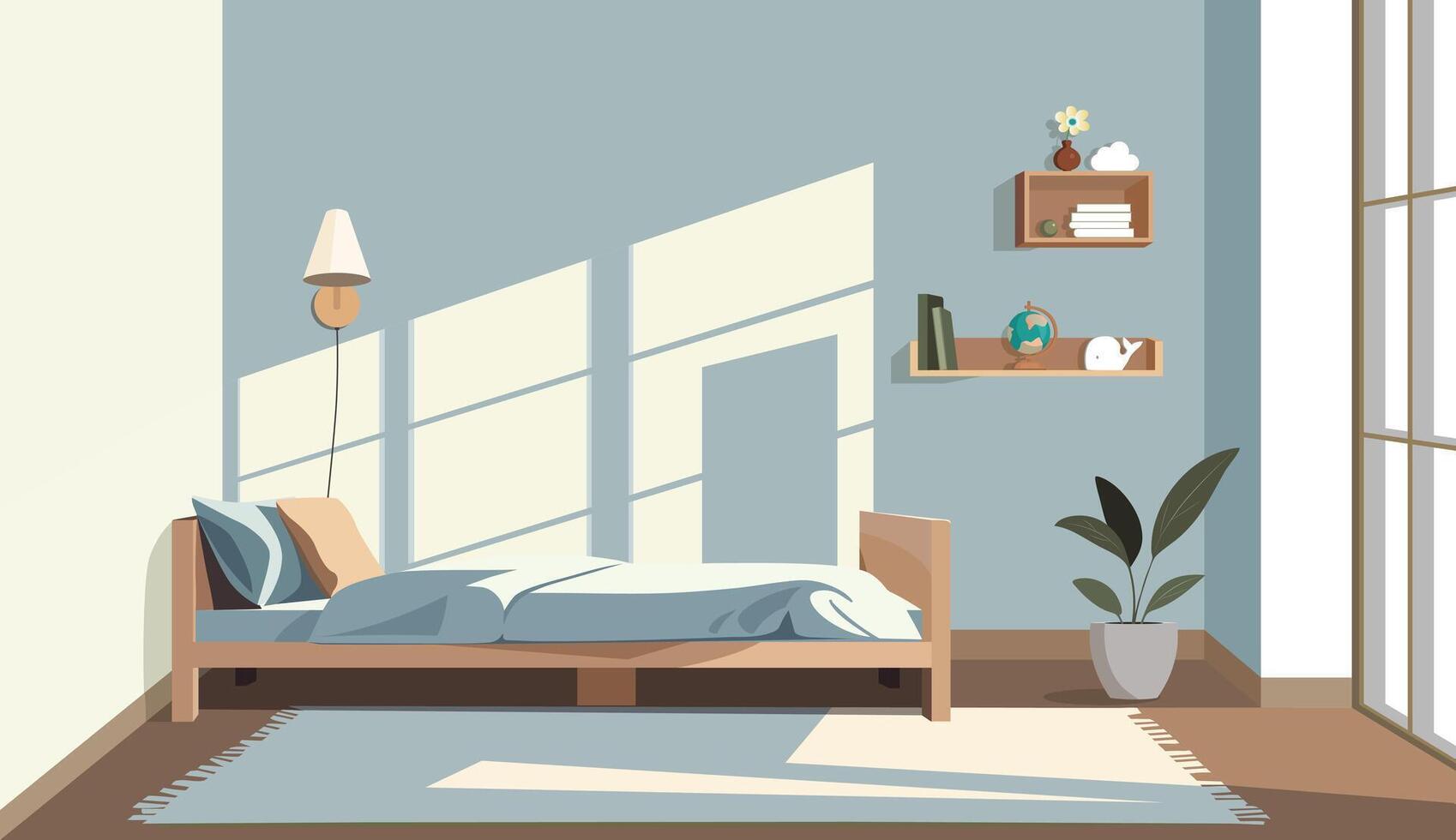 Illustration of a minimalist children's room interior with soft natural light. Flat design, muted blue colors. vector