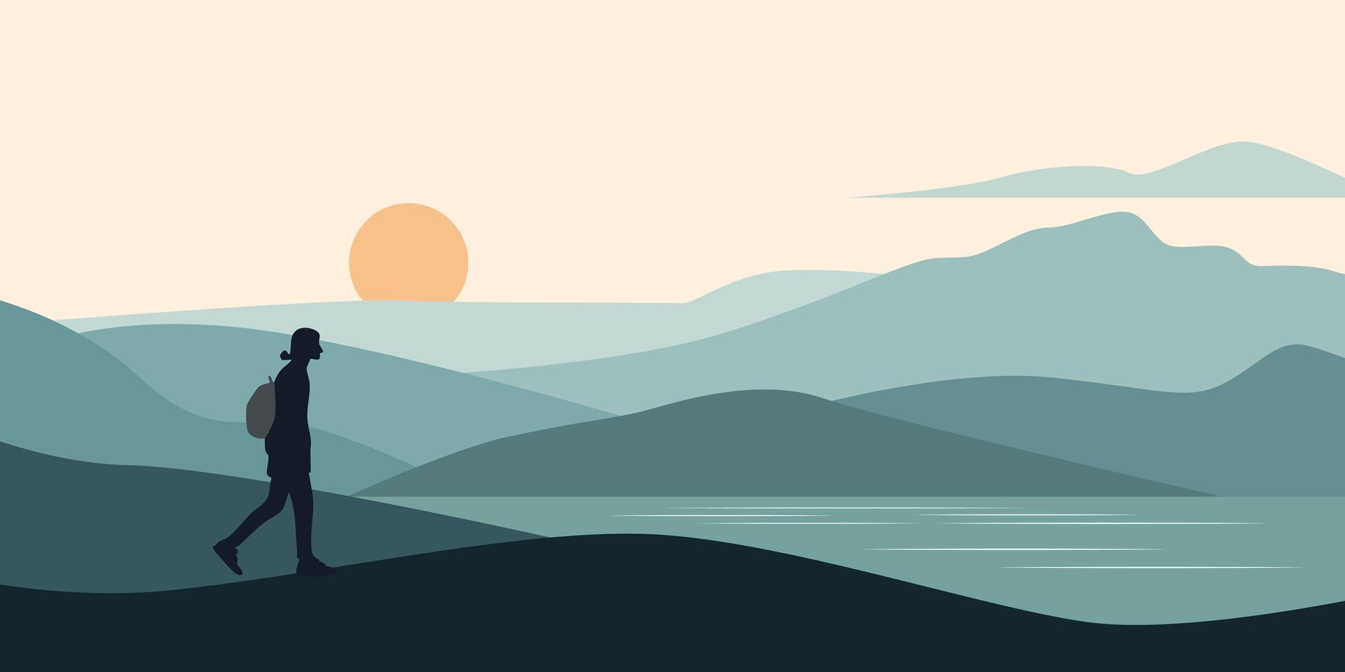 Silhouette of a tourist at sunset. Scene in a flat style. Beautiful mountains. Young man came to relax on the lake. vector