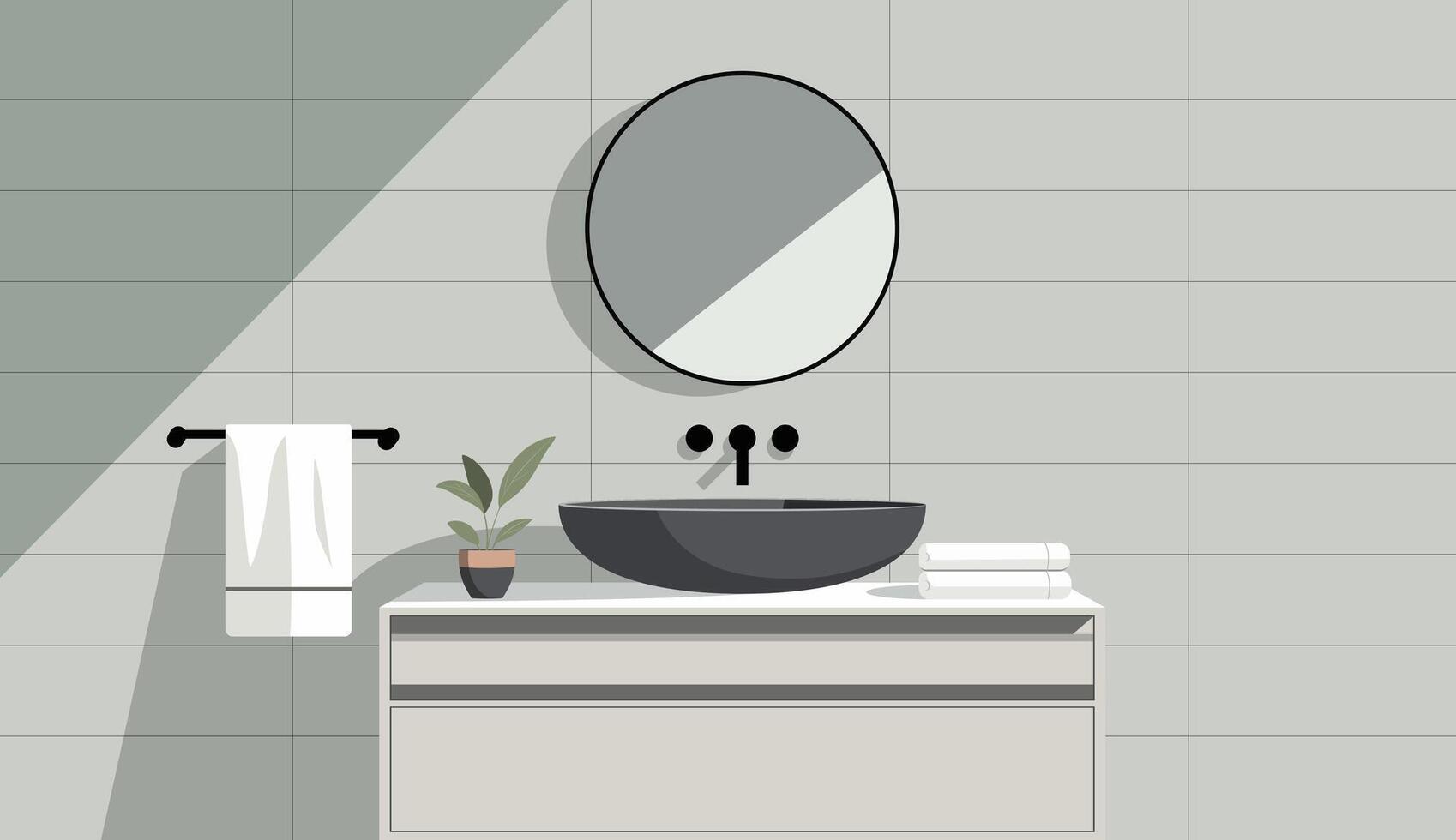 A minimalist modern illustration of a bathroom corner. A vanity with a round sink, a circular mirror. Fat design, neutral tones vector