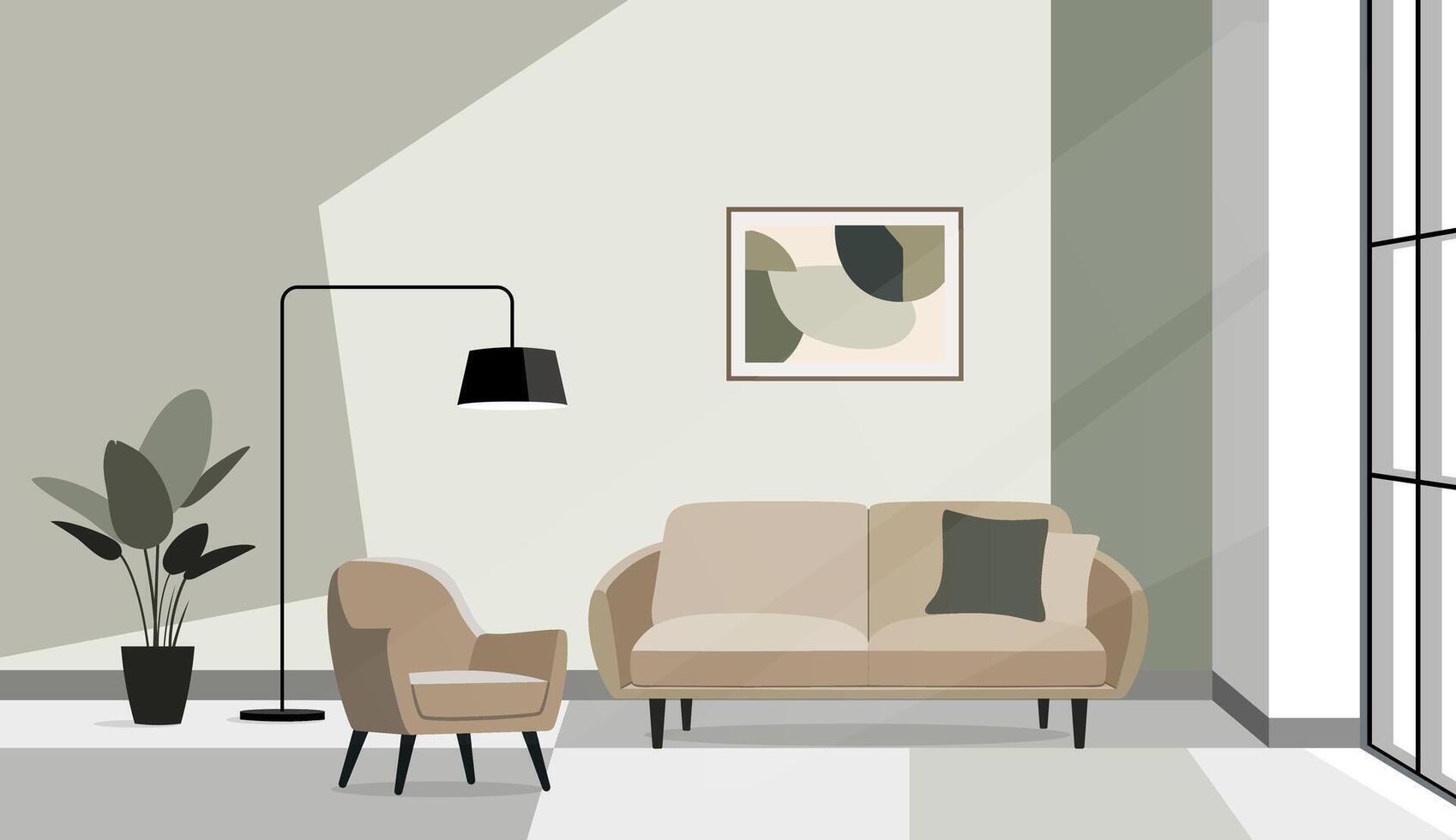 A minimalist illustration of interior. A stylish living room. Neutral colors, simple shapes, flat style vector