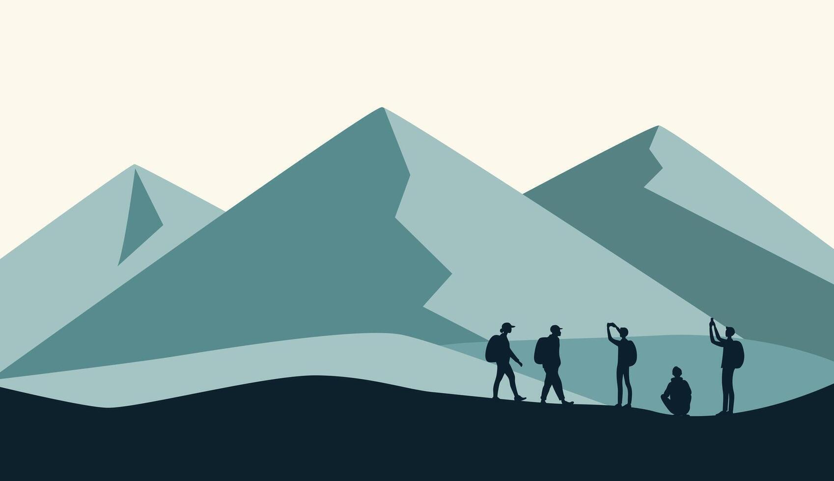 Tourism scene in a flat style. Minimalist mountains, silhouettes of tourists with backpacks vector