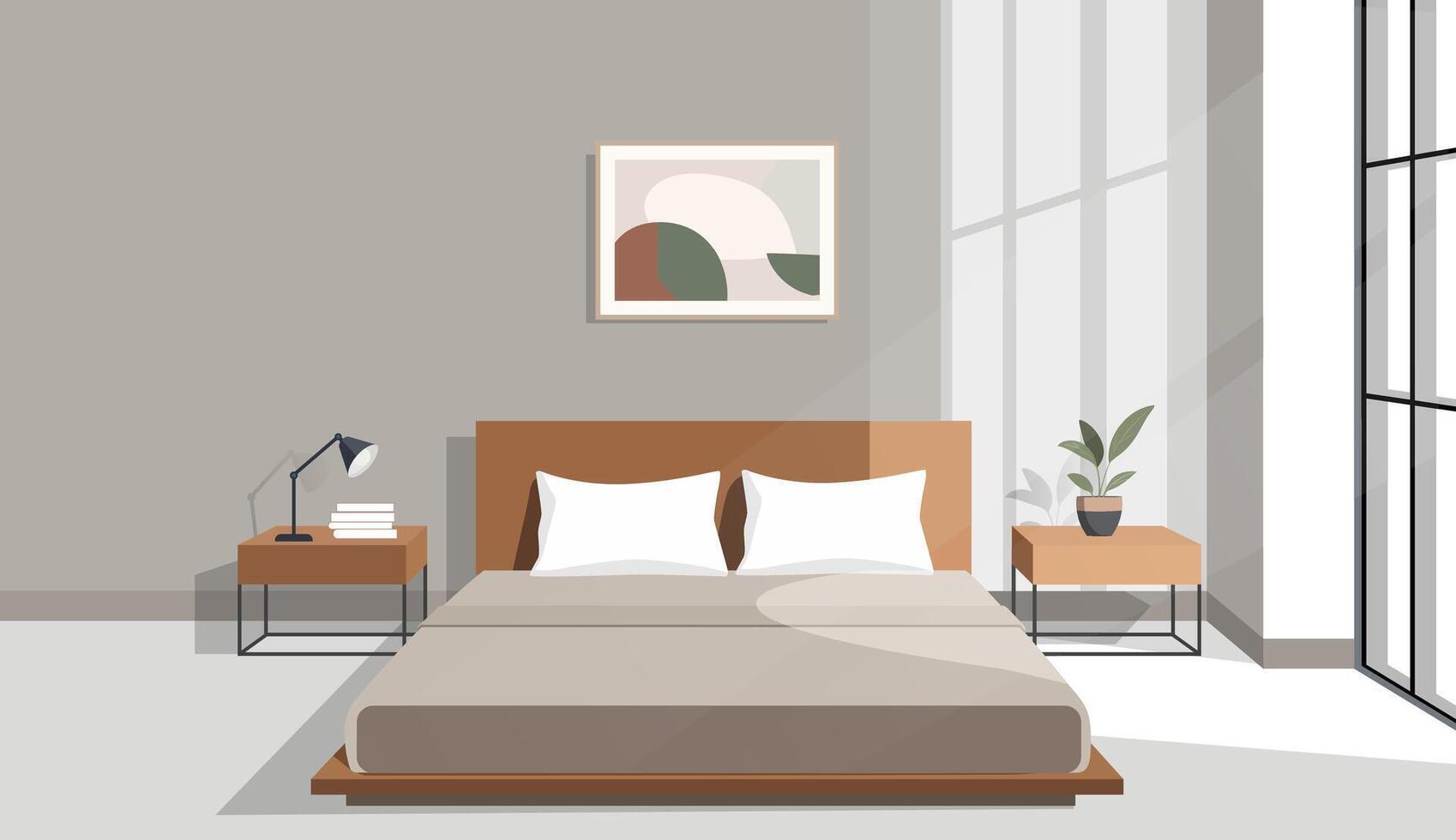 A simple illustration of a minimalist bedroom. A bed with plain bedding and two pillows. Soft light, flat design, beige colors vector