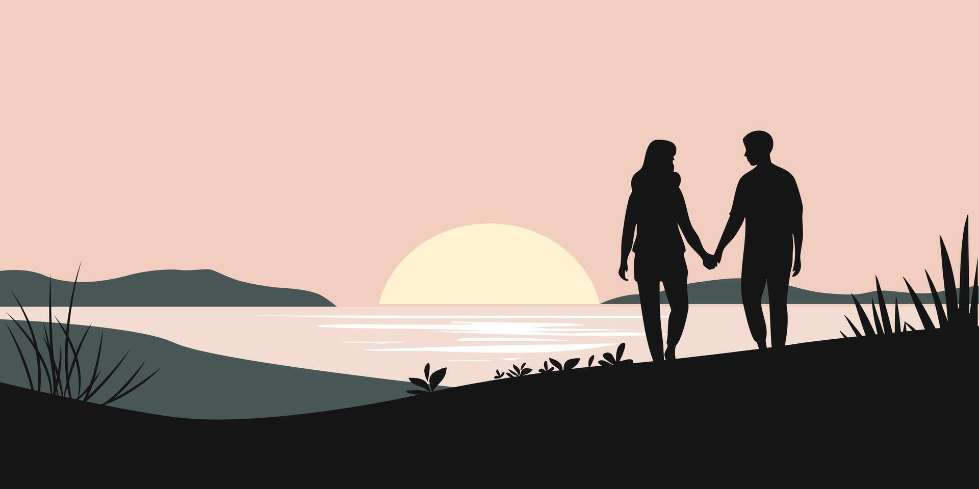 Silhouettes of a romantic couple at sunset. Background with loving couple holding hands. Tourism scene in a flat style. vector