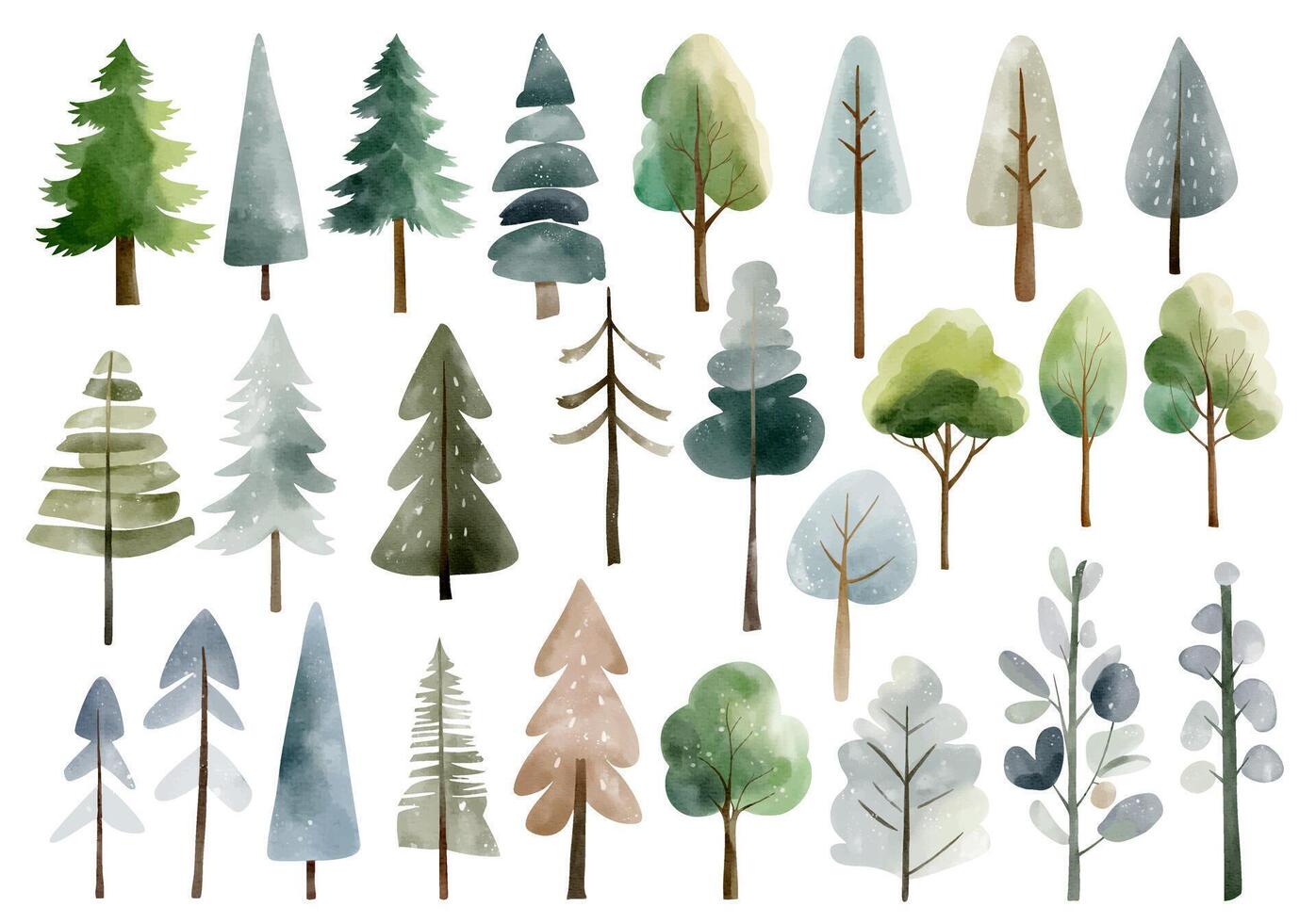 Set of watercolor forest trees. Pine, spruce, oak. Watercolor woodland. Hand drawn snowy trees. Fairy nordic nature. vector