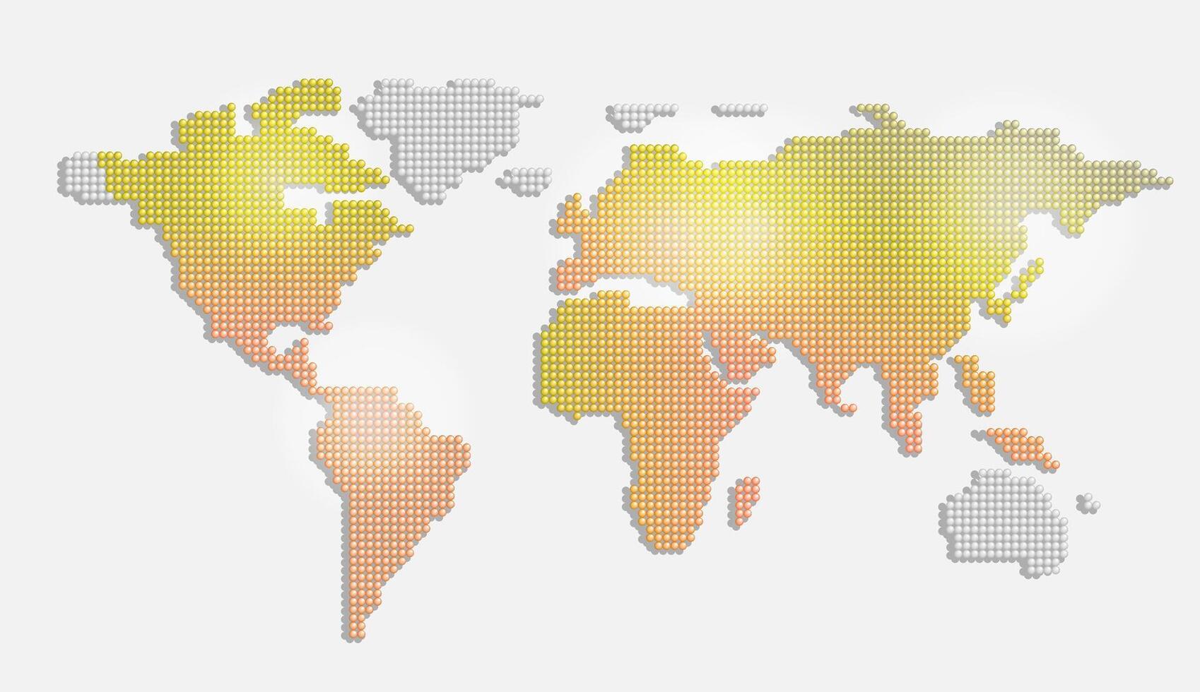 Illustration of the world map built from small light bulb icons. Yellow, orange, minimalist flat style. vector