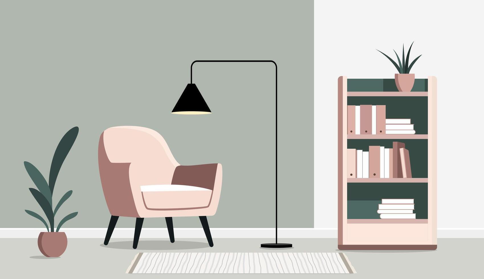 A minimalist modern illustration of a cozy interior corner. An armchair, floor lamp, bookshelf. Soft muted tones vector