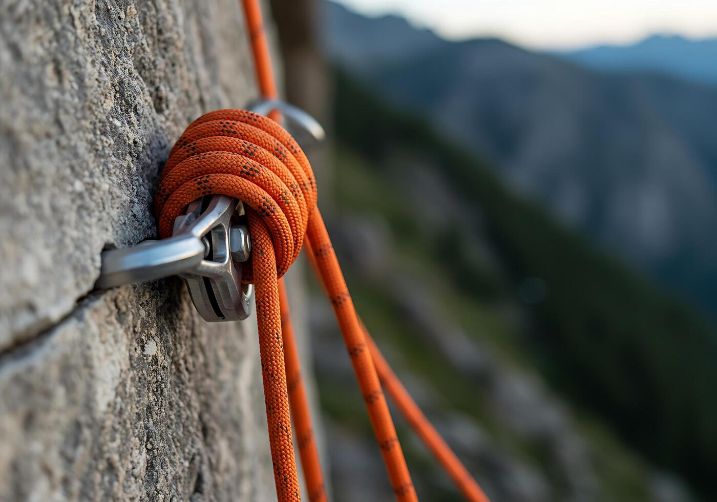 A rope is tied to a rock on a mountain photo