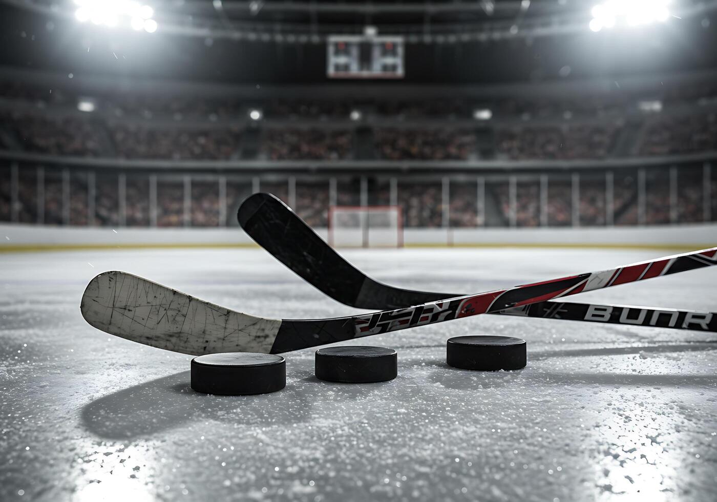 Hockey sticks and puck on ice in an arena photo