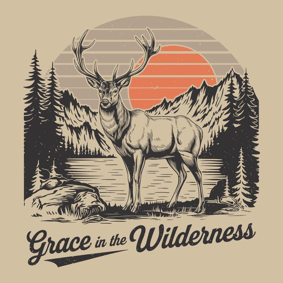 Retro graphic of a stag in a forest, set against a striped sun, perfect for outdoor themes vector