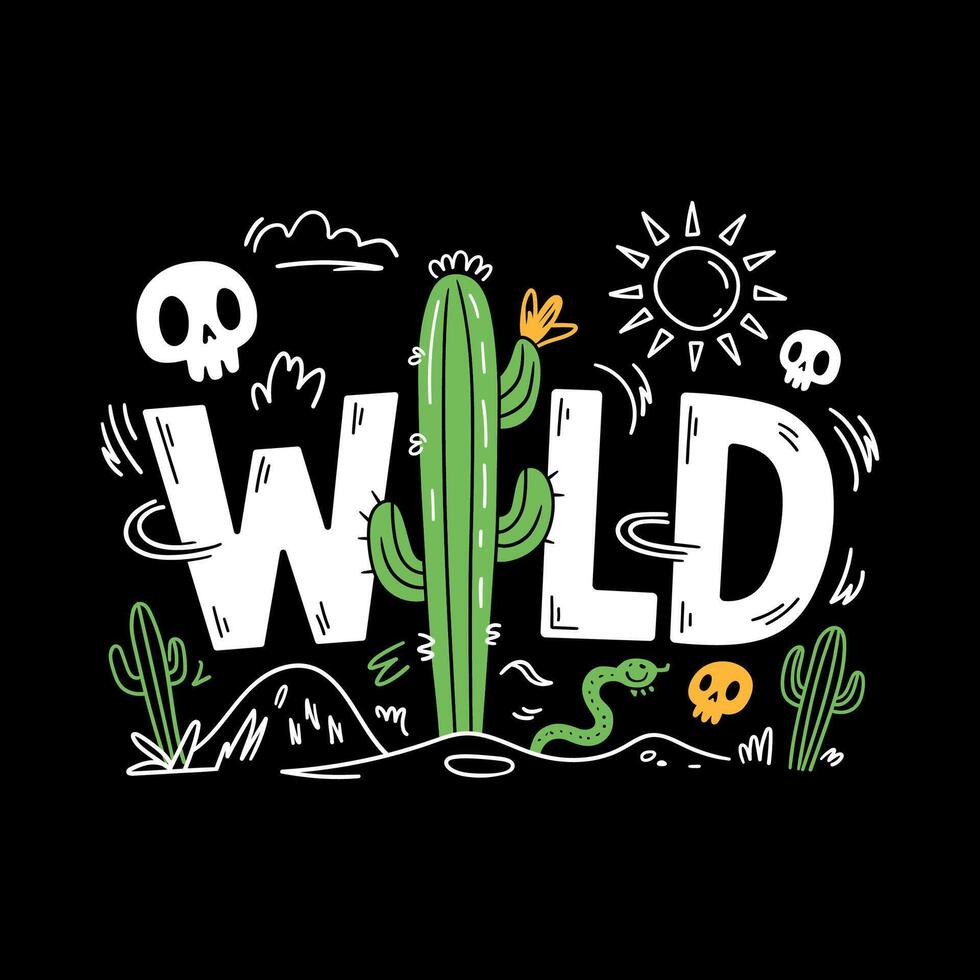 Playful cartoon illustration of a wild west or desert theme with a cactus and skulls vector