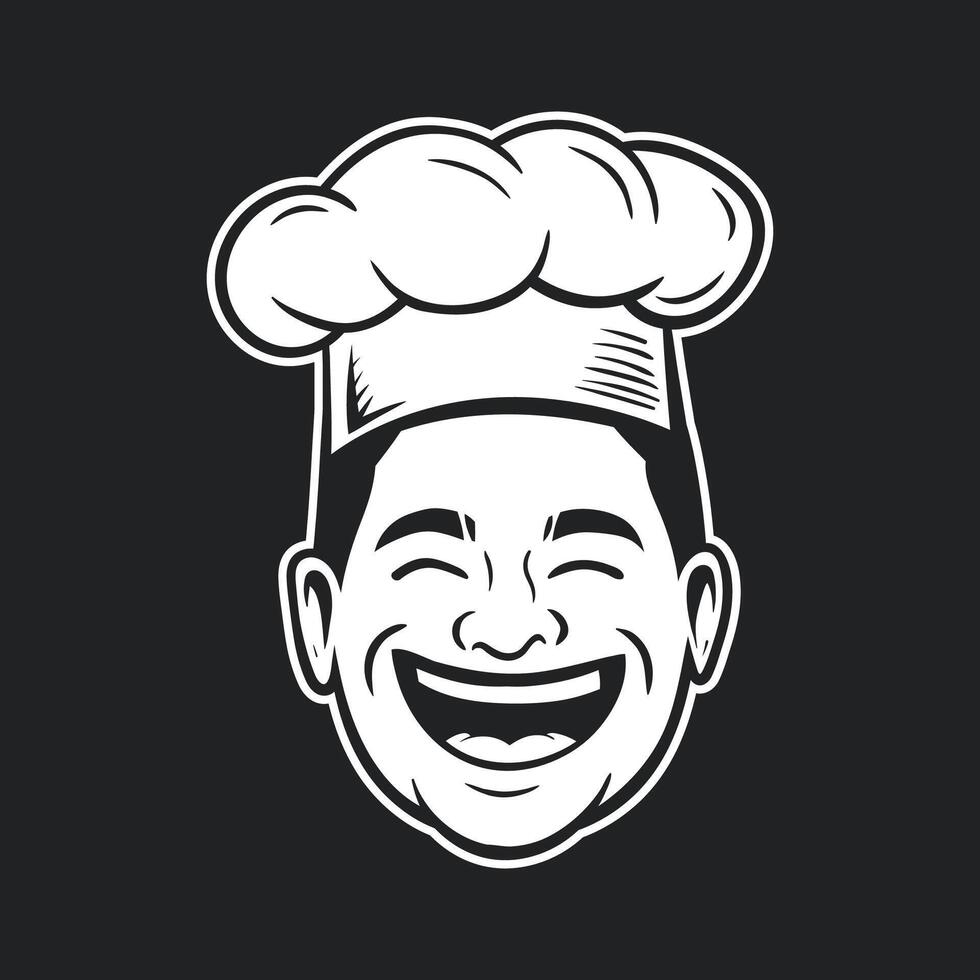 Laughing chef portrait, simple monochrome line art vector