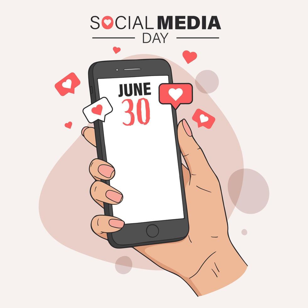 Hand holding phone showing June 30 for Social Media Day vector