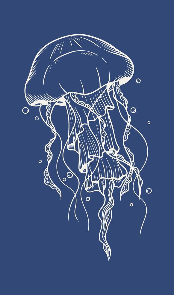 Line art illustration of a solitary jellyfish with flowing tentacles vector