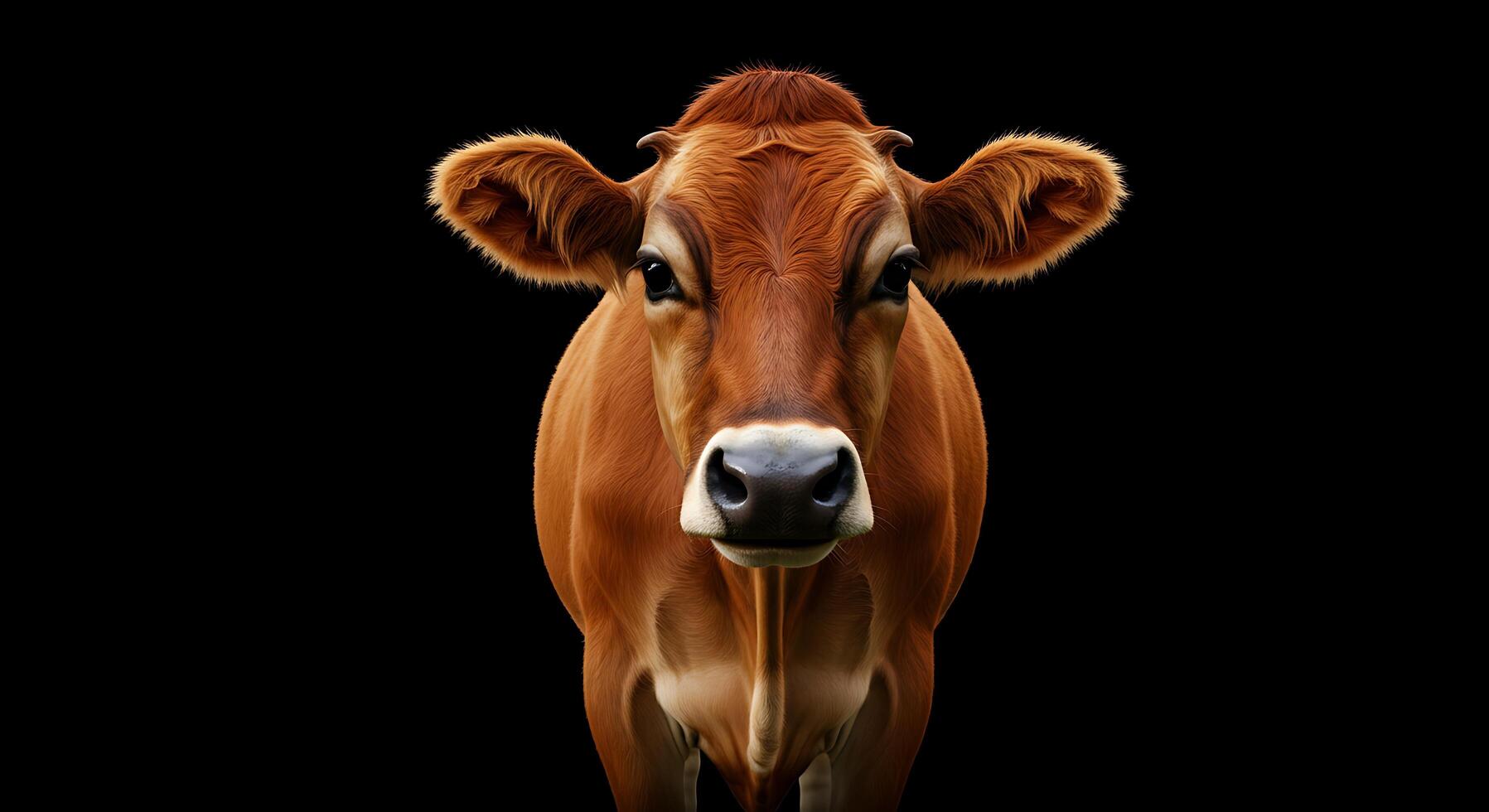 A cow is standing in front of a black background photo