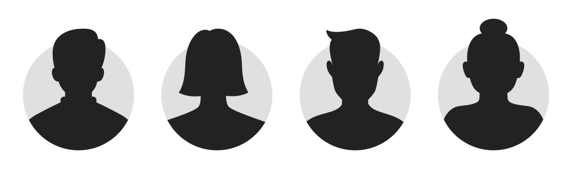 Male and female portrait silhouettes. Avatar, or profiles for unknown, anonymous people. Man and woman portrait. Avatar icons representing Male and Female profiles vector