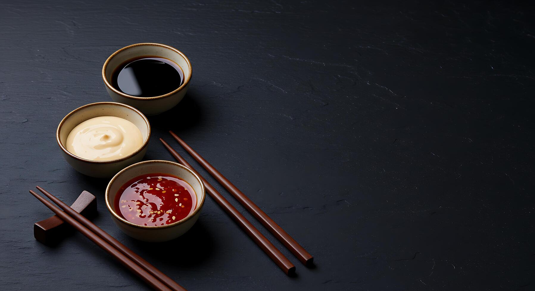Asian sauces in bowls with chopsticks on a black background photo