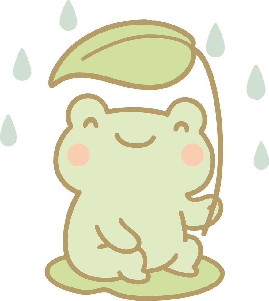 Kawaii Frog with Leaf Umbrella in the Rain vector