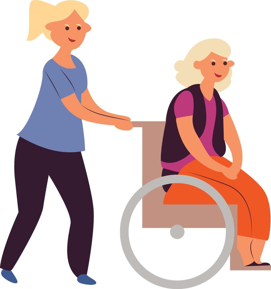 Young Woman Assisting Elderly Wheelchair vector