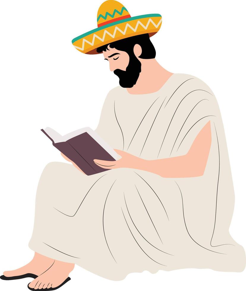 cinco de may holiday bearded man reading book sombrero vector