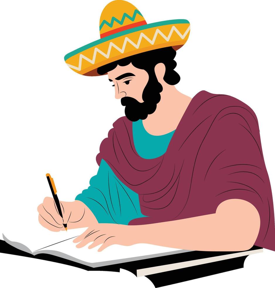 cinco de may holiday bearded man writing in sombrero vector